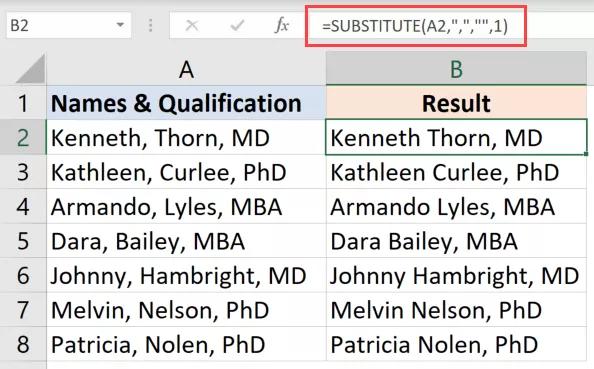 xóa dấu phẩy đầu tiên, giữ nguyên các dấu phẩy khác